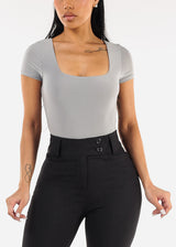 Short Sleeve Square Neck Stretch Thong Bodysuit Light Grey