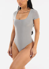 Short Sleeve Square Neck Stretch Thong Bodysuit Light Grey