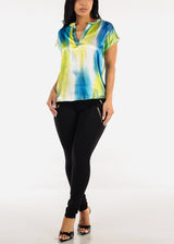 Satin Vneck Abstract Print Blouse Blue & Lime