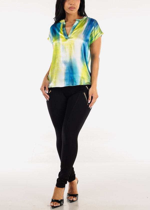 Satin Vneck Abstract Print Blouse Blue & Lime