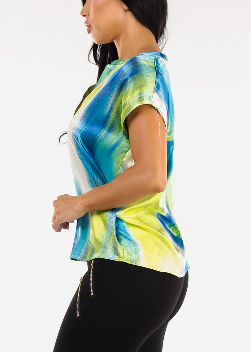 Satin Vneck Abstract Print Blouse Blue & Lime