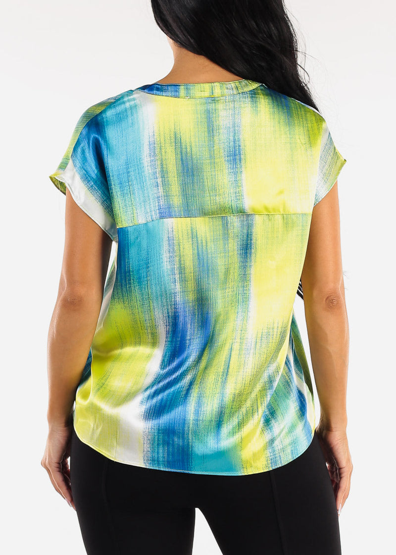 Satin Vneck Abstract Print Blouse Blue & Lime