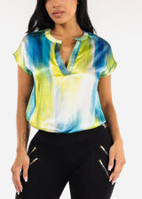 Satin Vneck Abstract Print Blouse Blue & Lime