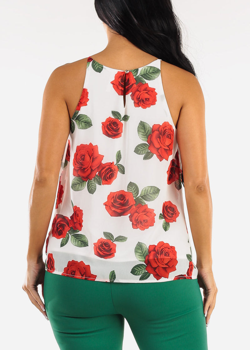 Sleeveless Floral Pleated Blouse Ivory