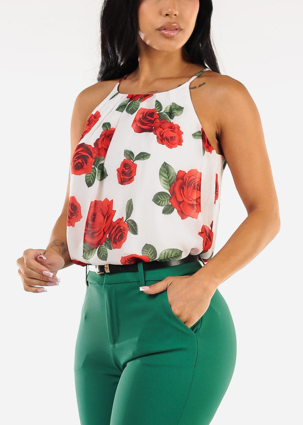 Sleeveless Floral Pleated Blouse Ivory