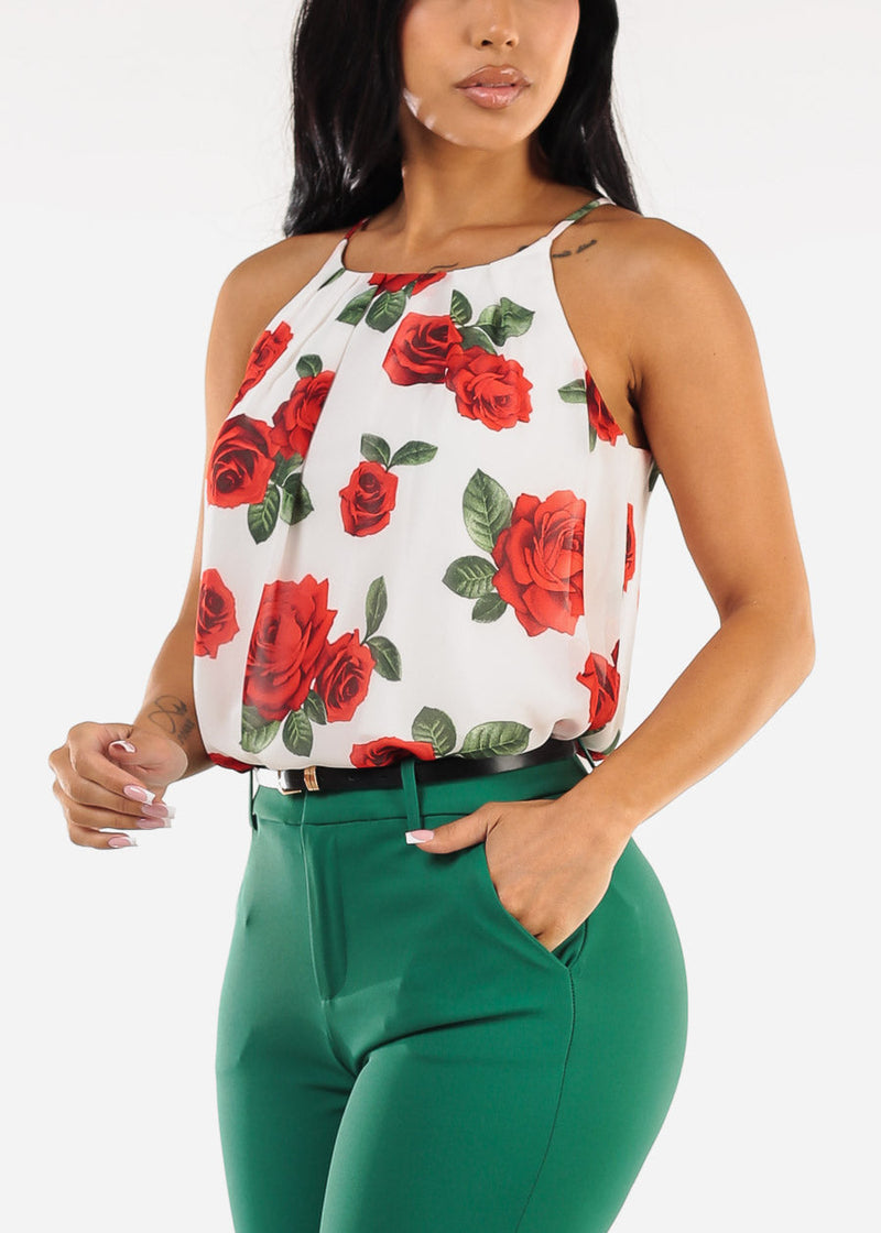 Sleeveless Floral Pleated Blouse Ivory