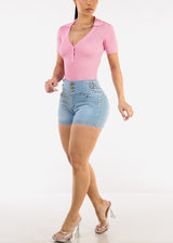 Short Sleeve Rib Knit Polo Bodysuit Pink