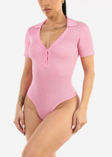 Short Sleeve Rib Knit Polo Bodysuit Pink
