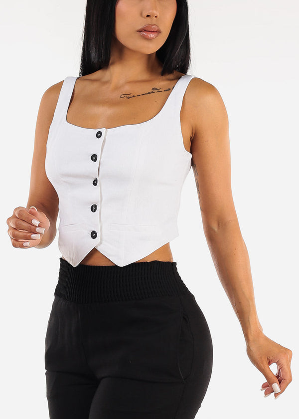Sleeveless Button Up Linen Crop Top White