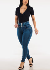 Short Sleeve Rib Knit Polo Bodysuit Navy