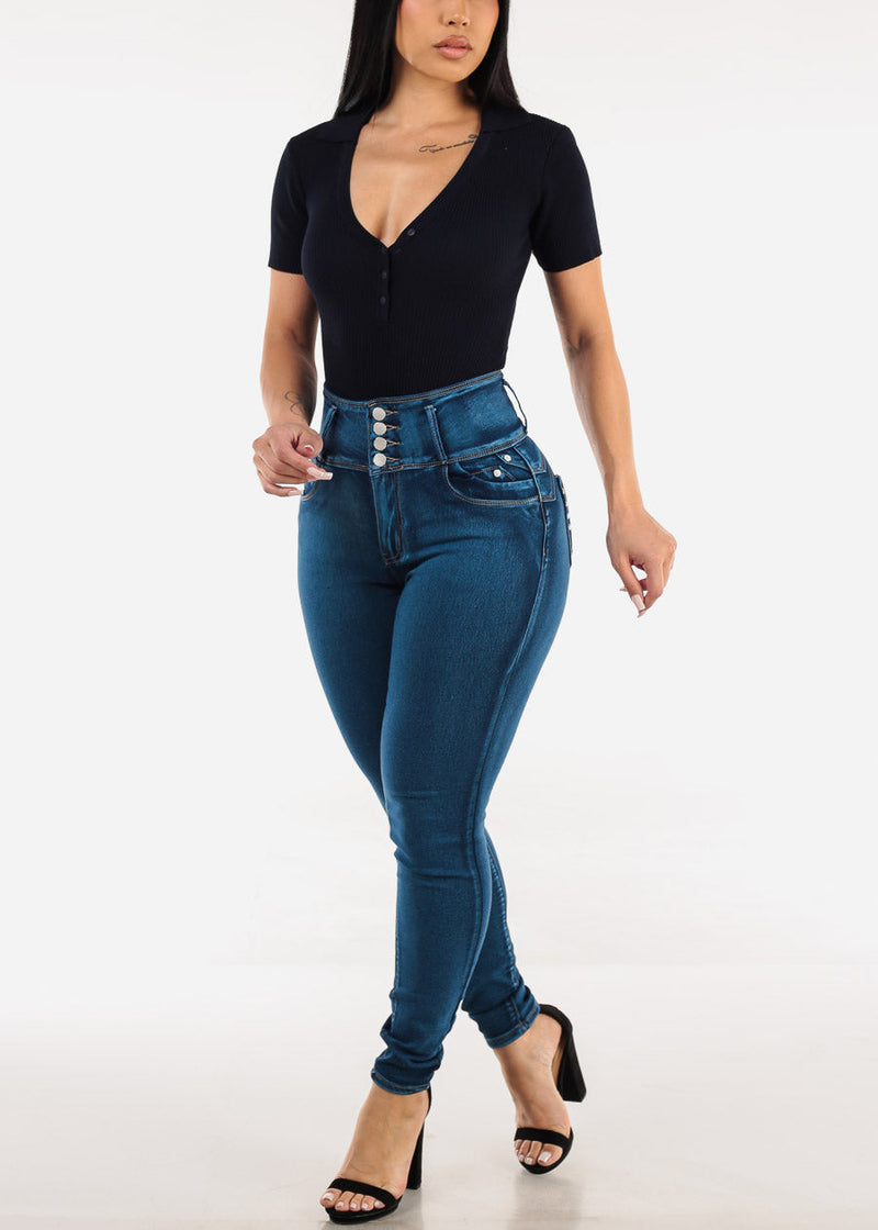 Short Sleeve Rib Knit Polo Bodysuit Navy