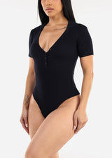 Short Sleeve Rib Knit Polo Bodysuit Navy