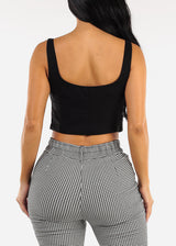 Sleeveless Button Up Linen Crop Top Black