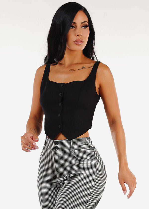 Sleeveless Button Up Linen Crop Top Black