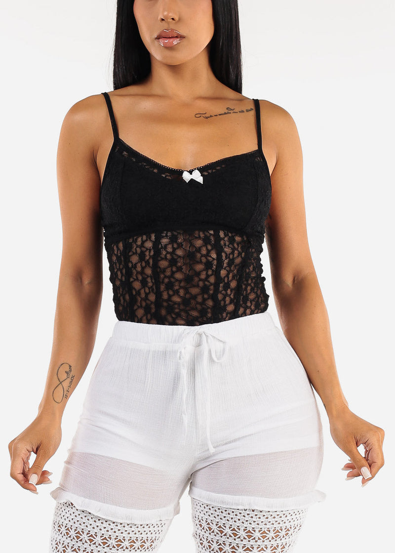 Sleeveless Floral Lace Thong Bodysuit Black