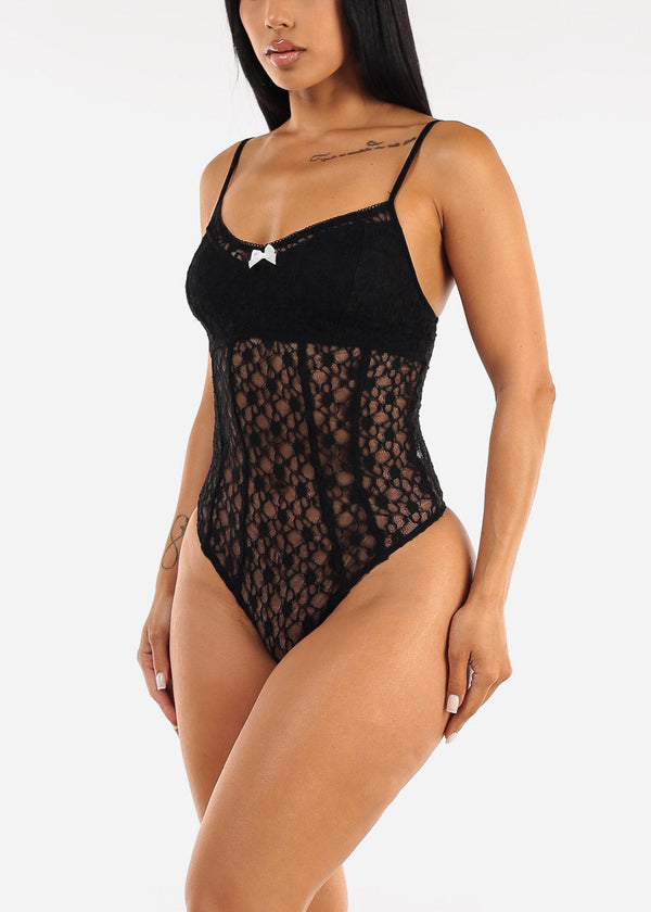 Sleeveless Floral Lace Thong Bodysuit Black