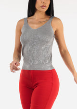 Sleeveless Metallic Vneck Knitted Top Silver