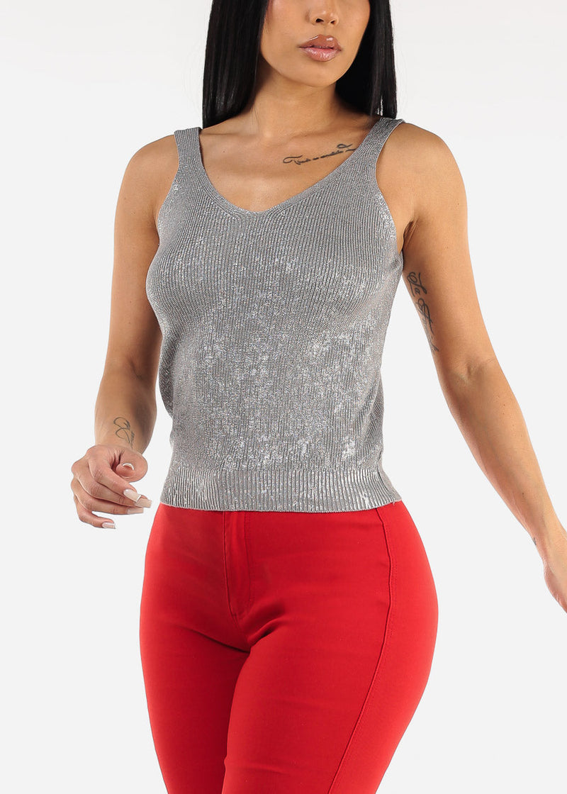 Sleeveless Metallic Vneck Knitted Top Silver