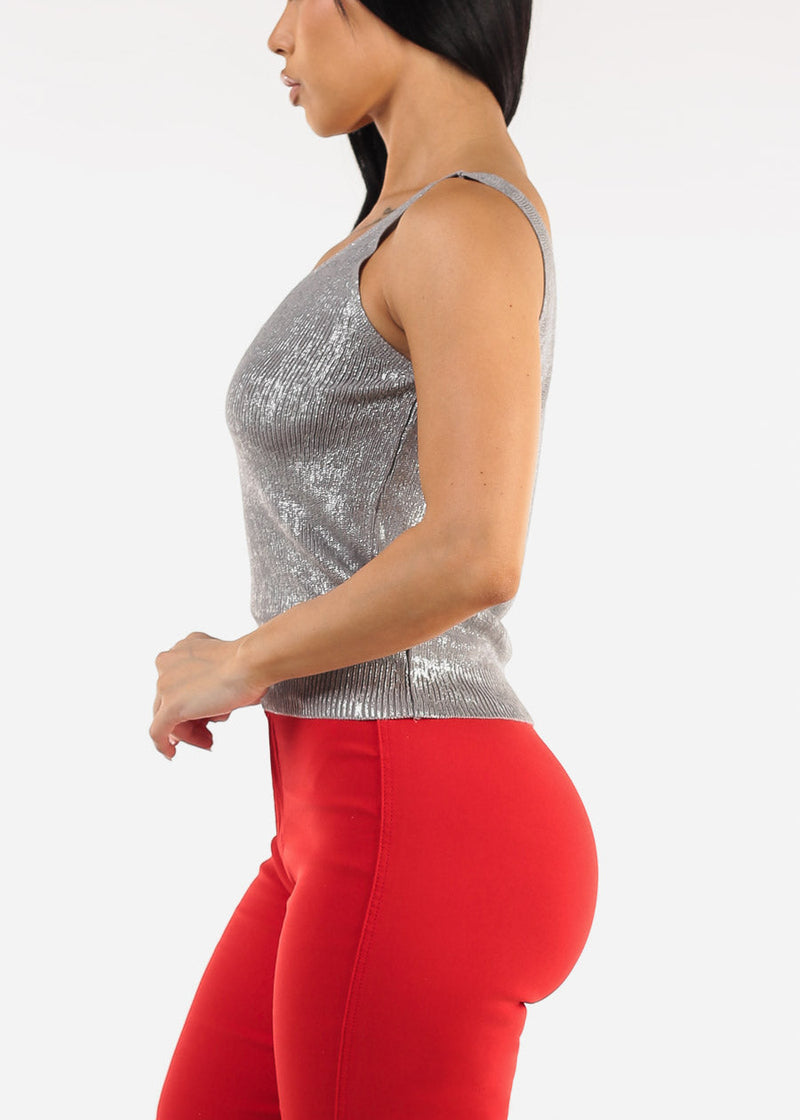 Sleeveless Metallic Vneck Knitted Top Silver