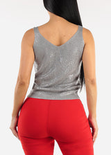 Sleeveless Metallic Vneck Knitted Top Silver