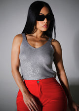 Sleeveless Metallic Vneck Knitted Top Silver