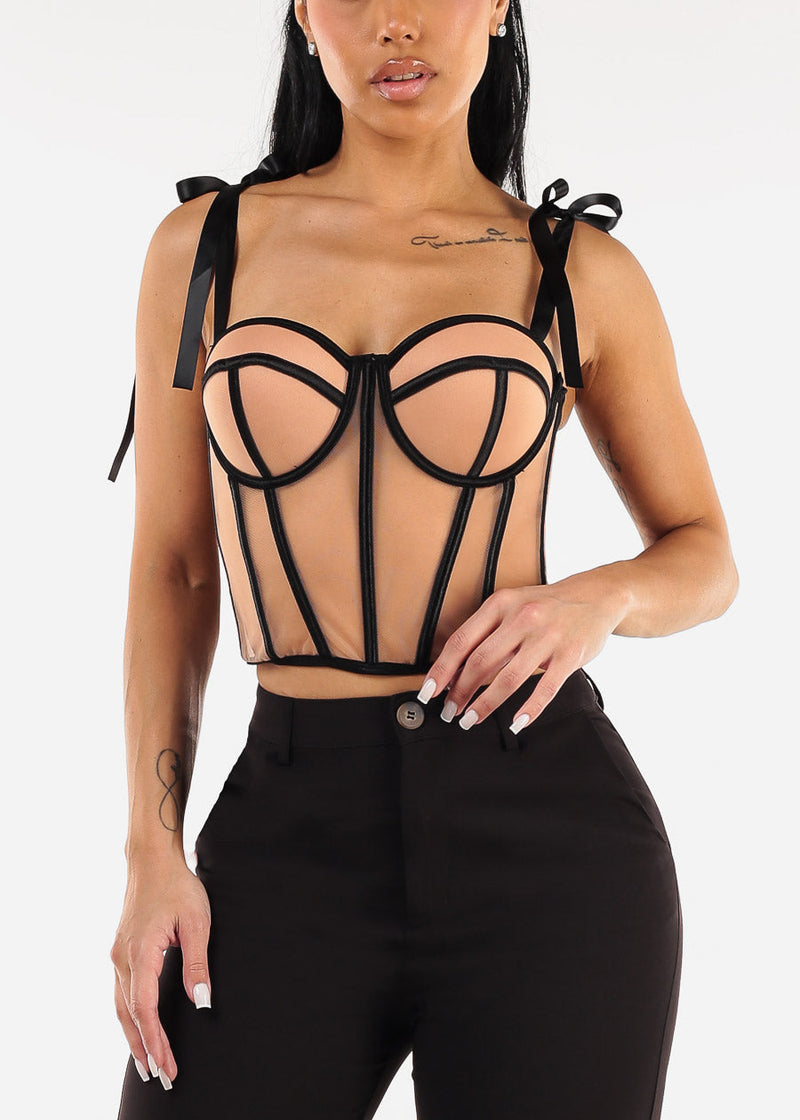 Sleeveless Tie Up Corset Bustier Cami Top Nude