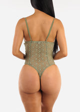 Sleeveless Floral Lace Thong Bodysuit Sage