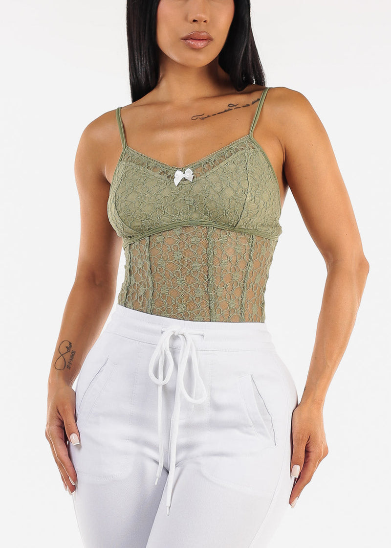 Sleeveless Floral Lace Thong Bodysuit Sage