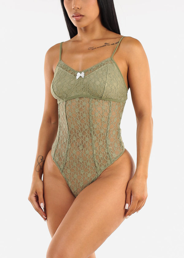 Sleeveless Floral Lace Thong Bodysuit Sage