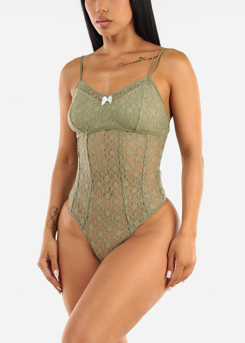 Sleeveless Floral Lace Thong Bodysuit Sage