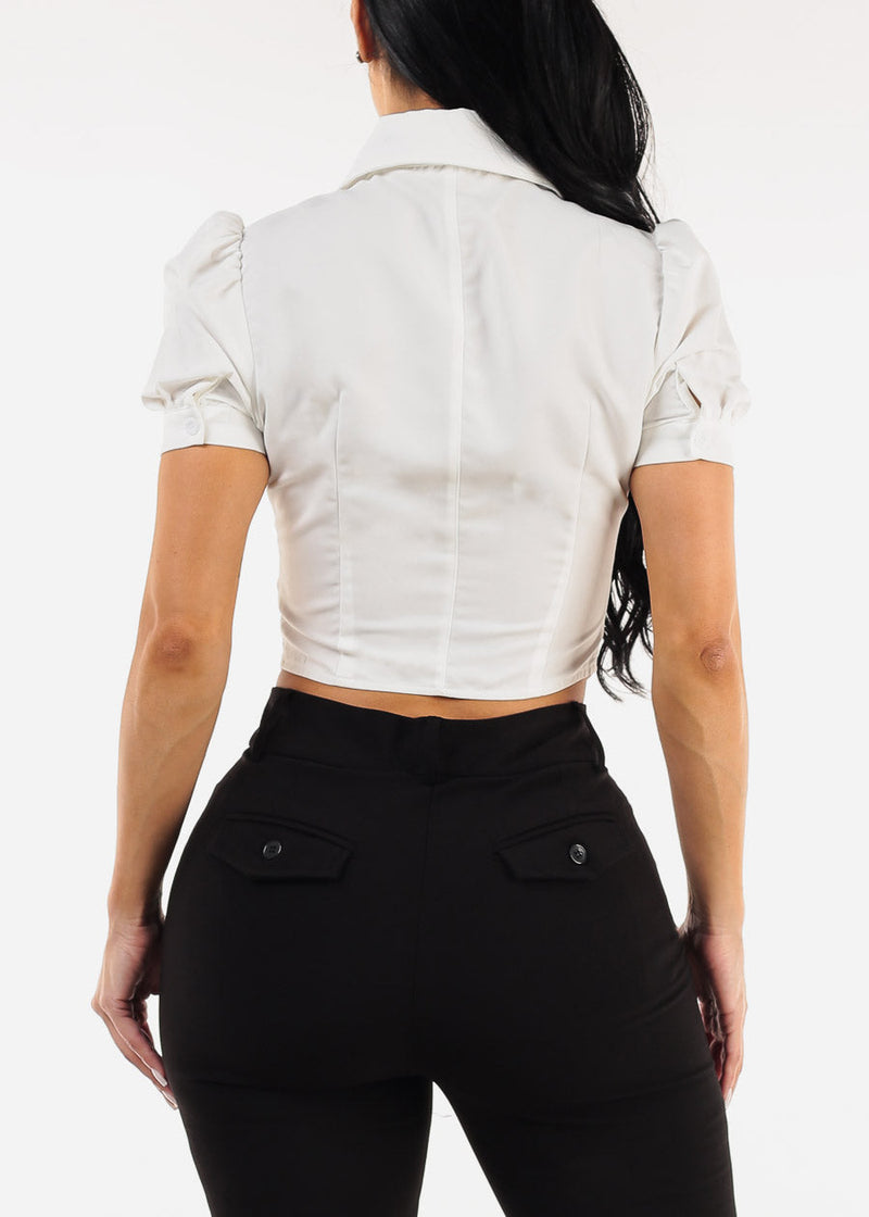 Puff Short Sleeve Button Down White Shirt w Tie