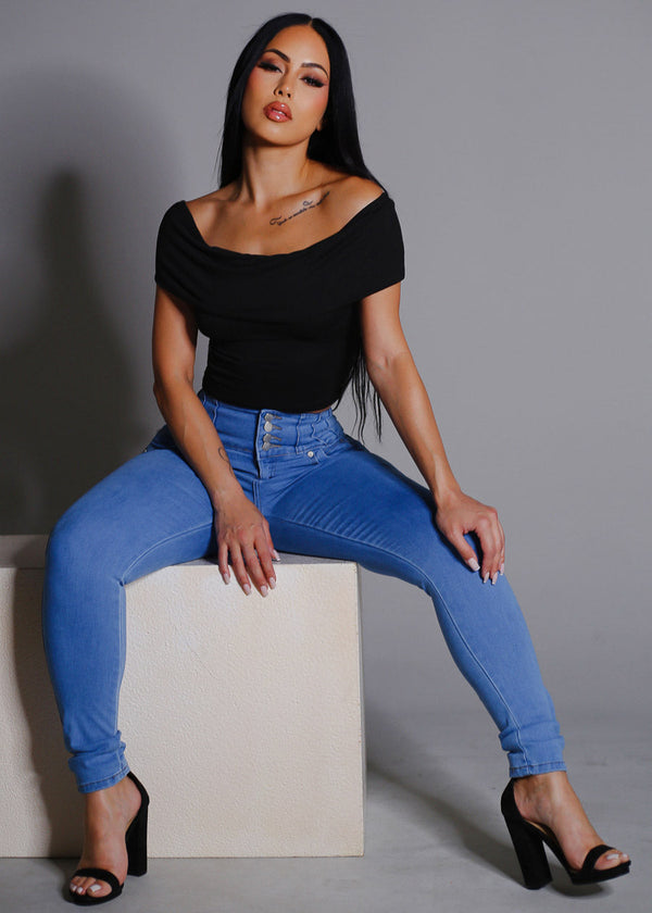 Stretchy Off Shoulder Crop Top Black