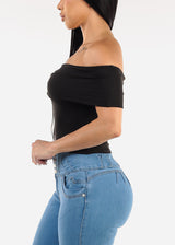 Stretchy Off Shoulder Crop Top Black