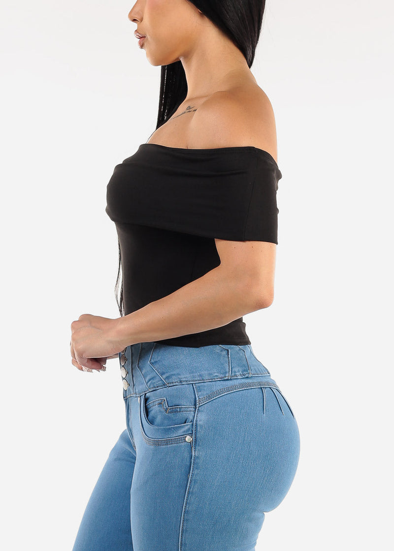 Stretchy Off Shoulder Crop Top Black
