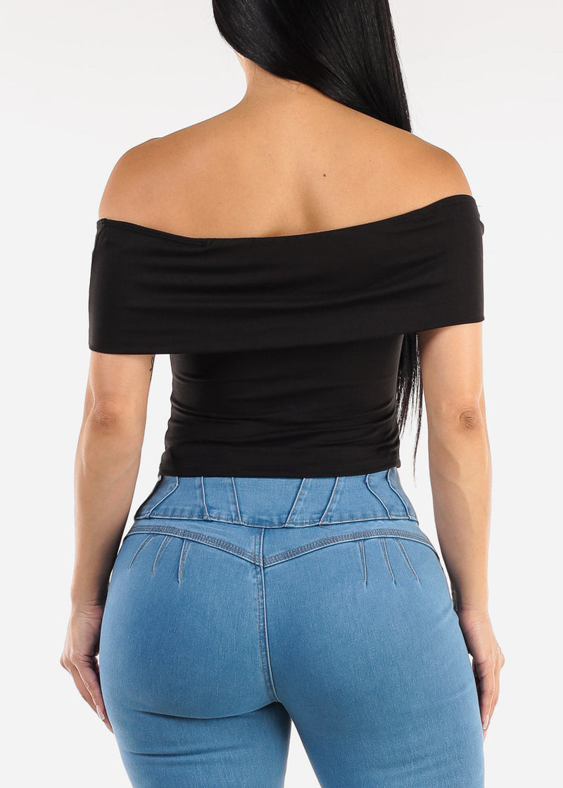 Stretchy Off Shoulder Crop Top Black
