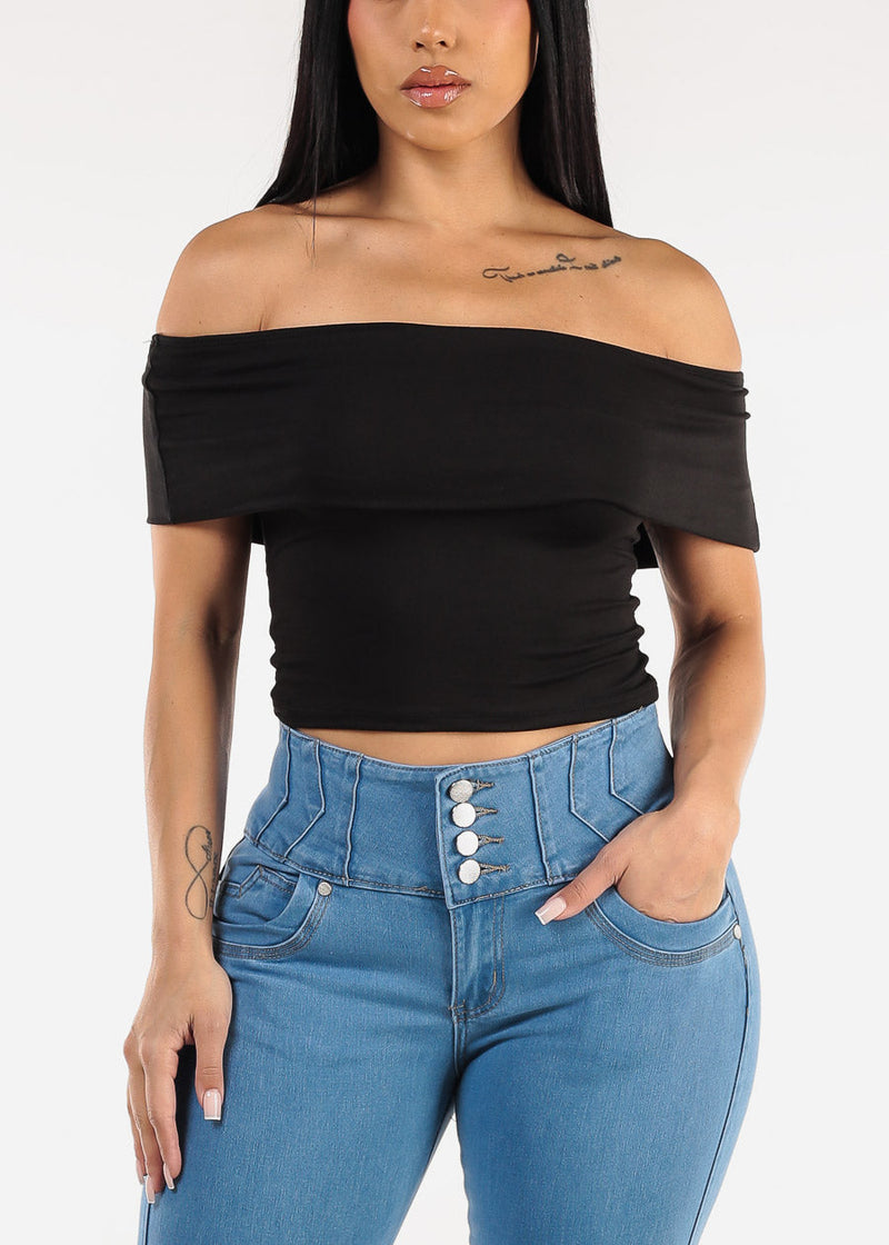 Stretchy Off Shoulder Crop Top Black