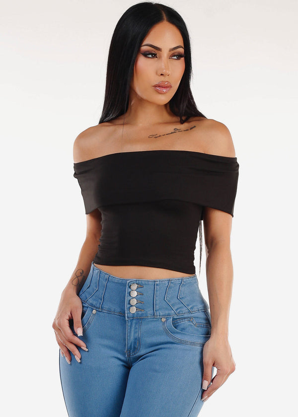 Stretchy Off Shoulder Crop Top Black