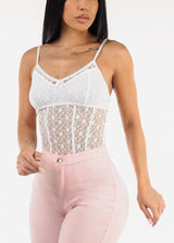 Sleeveless Floral Lace White Thong Bodysuit