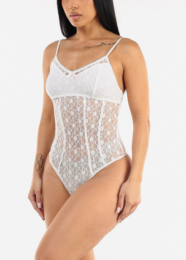 Sleeveless Floral Lace White Thong Bodysuit