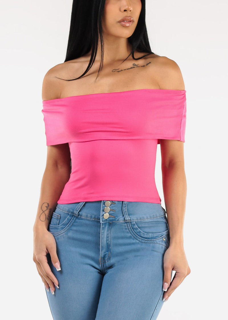 Stretchy Off Shoulder Crop Top Pink
