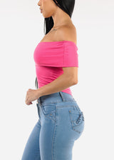 Stretchy Off Shoulder Crop Top Pink
