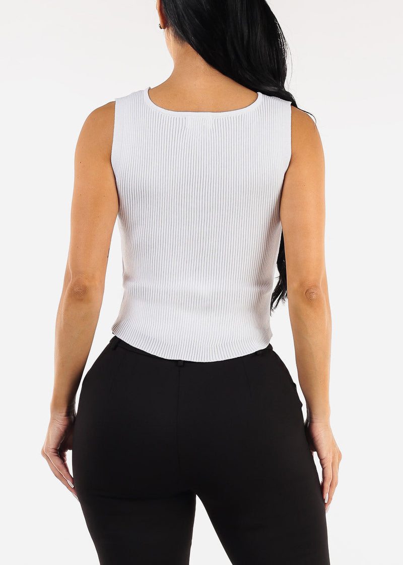 Sleeveless Scoop Neck Rib Knit White Top