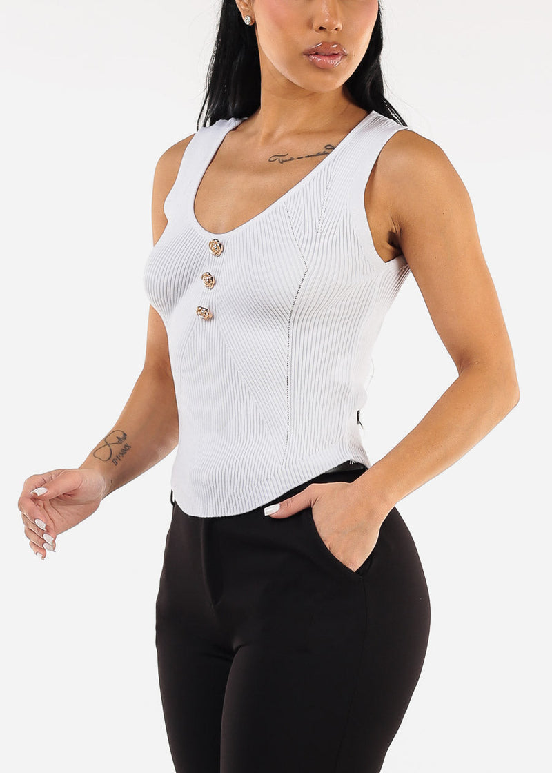 Sleeveless Scoop Neck Rib Knit White Top