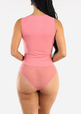 Sleeveless Boat Neckline Mesh Thong Bodysuit Pink