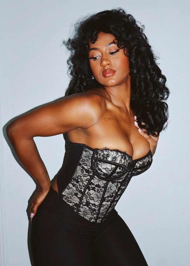 Sweetheart Neckline Floral Lace Corset Top Black