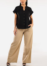 Short Sleeve Button Up Linen Blouse Black