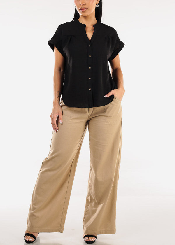 Short Sleeve Button Up Linen Blouse Black