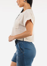 Short Dolman Sleeve Round Neck Linen Crop Top Beige