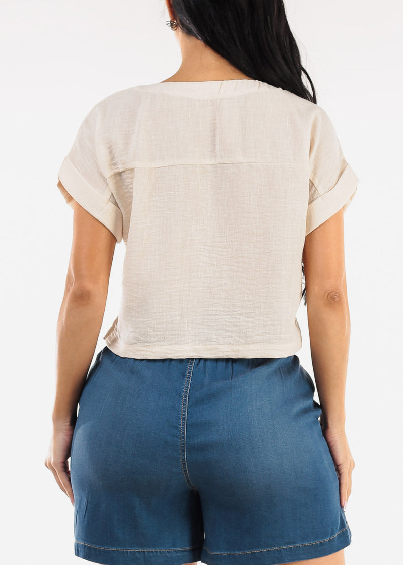 Short Dolman Sleeve Round Neck Linen Crop Top Beige