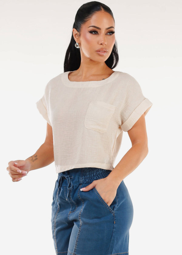 Short Dolman Sleeve Round Neck Linen Crop Top Beige